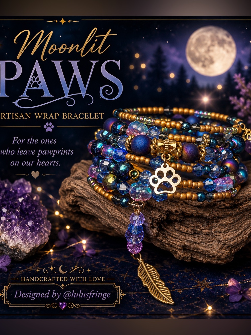 Artisan Moonlit Paws Gemstone Wrap Bracelet